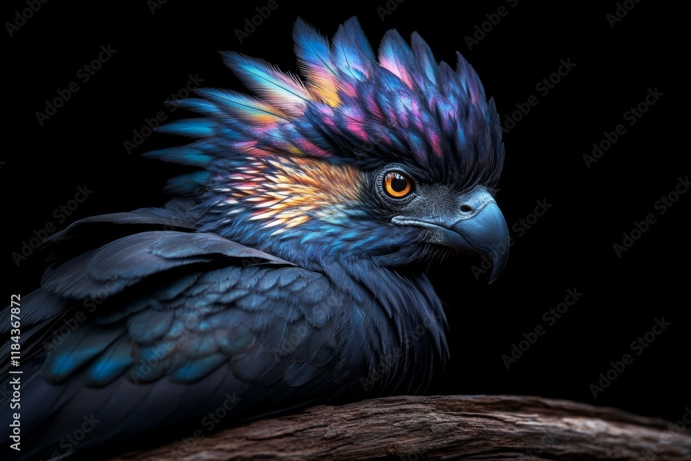 Fototapeta premium A hyper-realistic close-up of a rare bird species with iridescent feathers and intricate patterns, perched on a branch