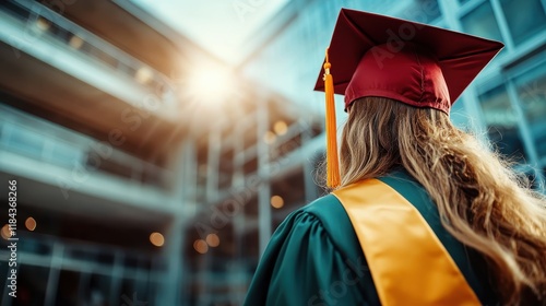 An inspiring image of a female graduate wearing a red cap and gown, signifying her success and the exciting journey ahead as she stands amidst a modern academic setting. photo