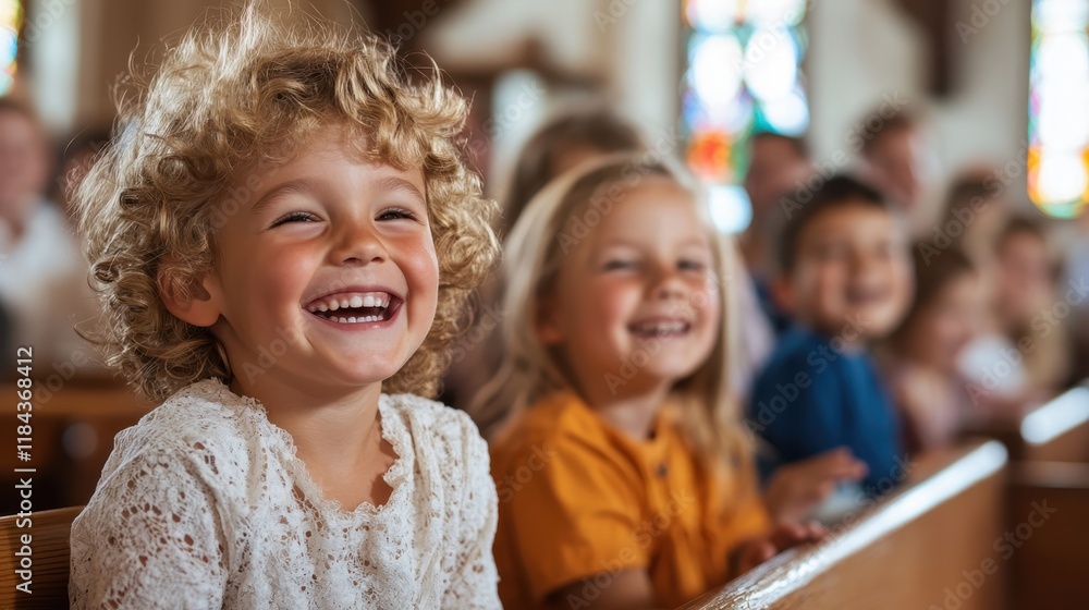 A group of cheerful children sitting in a church, beaming with happiness and curiosity as they engage with their surroundings, symbolizing joy and community spirit. A group of cheerful children sitting in a church, beaming with happiness and curiosity as they engage with their surroundings, symbolizing joy and community spirit.