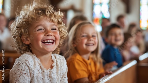 Wallpaper Mural A group of cheerful children sitting in a church, beaming with happiness and curiosity as they engage with their surroundings, symbolizing joy and community spirit. Torontodigital.ca