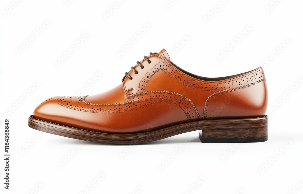 A formal brown leather brogue shoe with elegant perforations, displayed side on over a clean white surface to emphasize its classic appeal, isolated on clear white background. A formal brown leather brogue shoe with elegant perforations, displayed side on over a clean white surface to emphasize its classic appeal, isolated on clear white background.