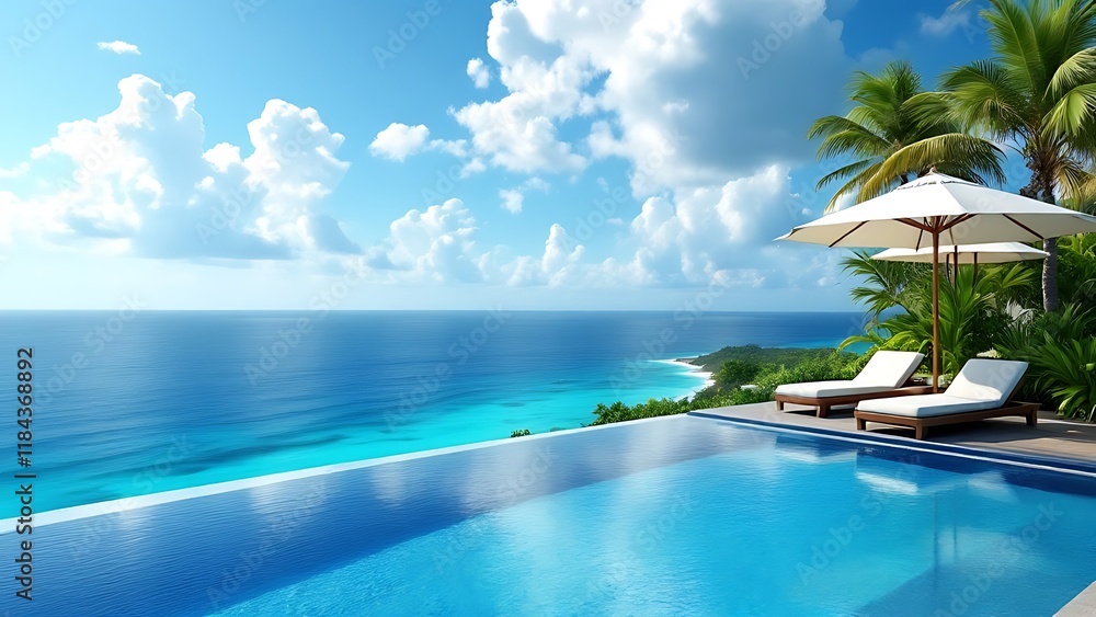 Fototapeta premium Beautifull luxury swimming pool near beach front with amazing ocean view and deck chairs at sunny day