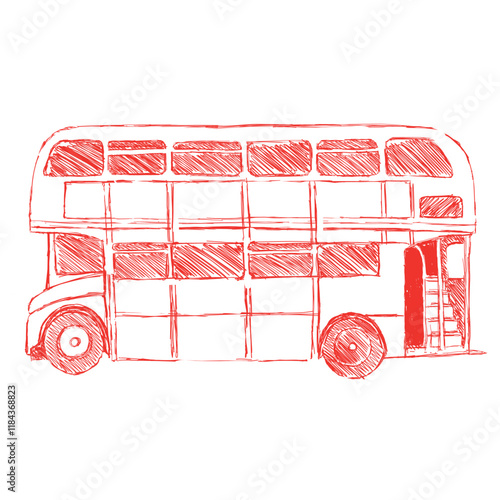 British red, double-decker bus. Sketch with simple lines. Vector illustration