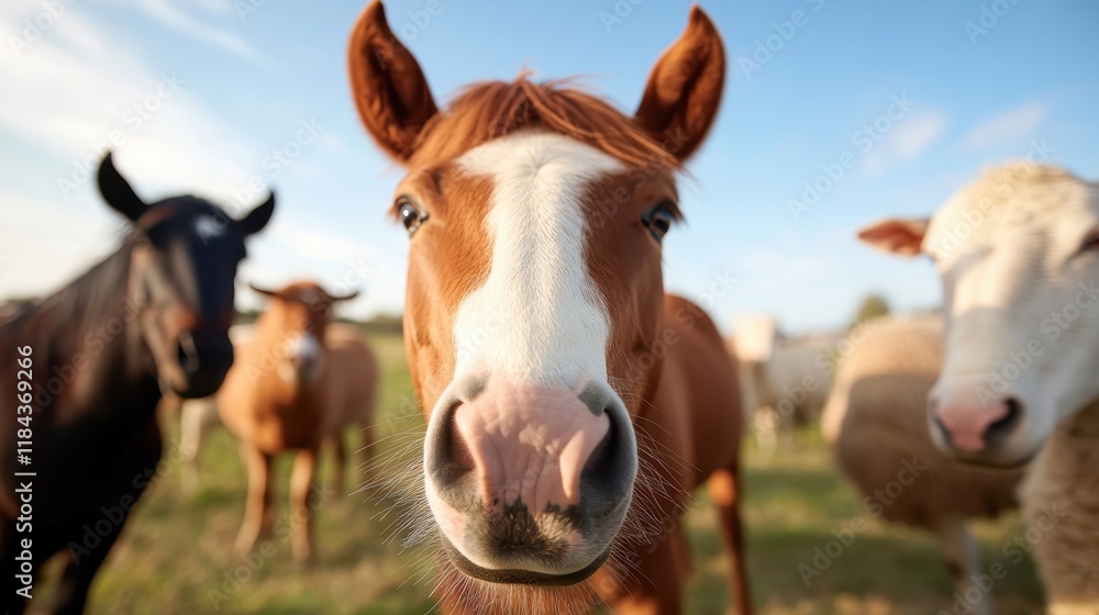 A curious horse peers directly at the viewer amidst a group of farm animals, highlighting connection and joy in a sunny pastoral atmosphere of rural life. A curious horse peers directly at the viewer amidst a group of farm animals, highlighting connection and joy in a sunny pastoral atmosphere of rural life.
