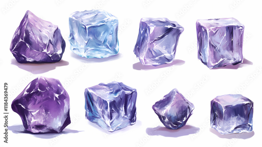 Fototapeta premium Multiple ice cubes on table, white background. Frostleaf. Illustration