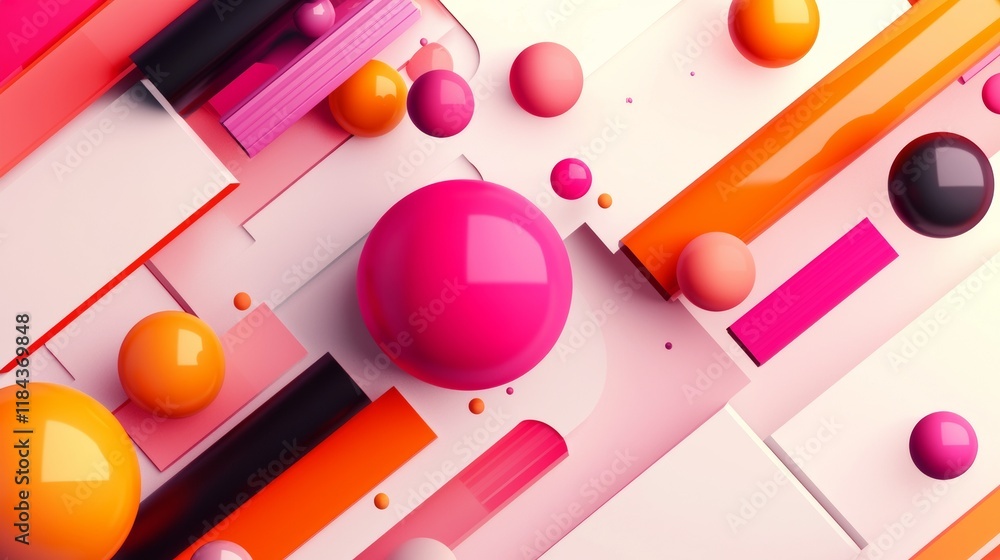 Colorful geometric shapes and spheres create a dynamic abstract composition in a digital artwork Colorful geometric shapes and spheres create a dynamic abstract composition in a digital artwork