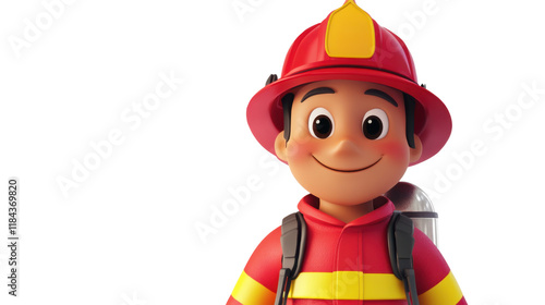 Colorful cartoon firefighter character standing proudly with a bright smile, wearing a red uniform and helmet, ideal for children’s education, safety awareness, or entertainment projects. photo