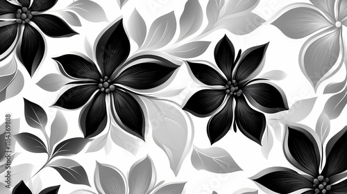 Primitive floral black, white and grey endless texture. stylized black flowers and grey leaves on white background. retro frostily natural printable seamless pattern. Frostleaf. Illustration photo