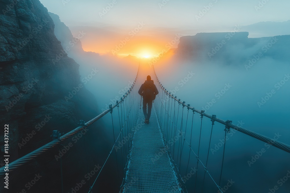 Obraz premium A hiker stepping onto a narrow suspension bridge high above a misty canyon, their silhouette framed by a dramatic sunrise,copy space background