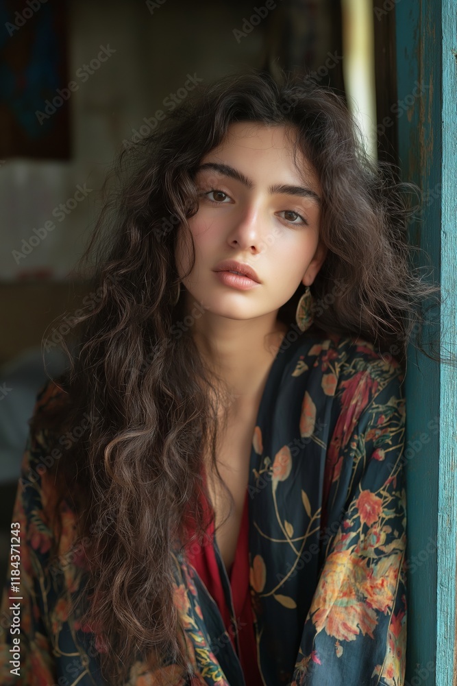 Fototapeta premium A young woman with curly hair gazes thoughtfully, draped in a floral robe, revealing deep emotions.