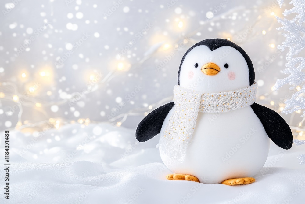 Adorable handmade penguin plush toy wearing a scarf in a snowy christmas setting Adorable handmade penguin plush toy wearing a scarf in a snowy christmas setting