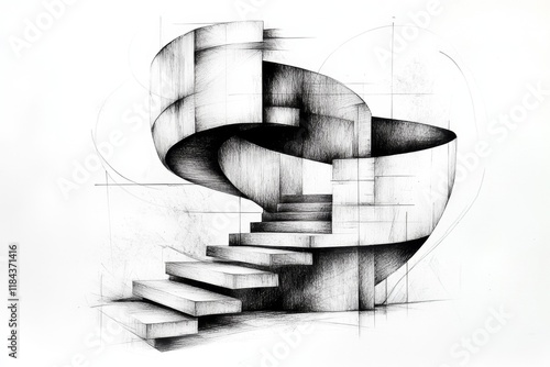 A minimalist depiction of a spiral staircase, drawn with bold lines and negative space to highlight its unique structure