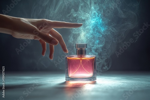 A human hand reaching toward a bottle of perfume, with delicate, colorful vapor swirls symbolizing pheromones wafting into the air,copy space background