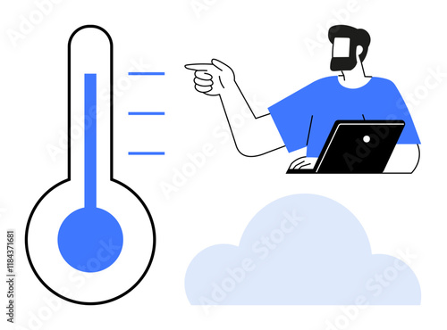 Man with laptop pointing to large thermometer indicating temperature, alongside a cloud. Ideal for climate analysis, weather forecasting, digital innovation, environmental science, data analysis