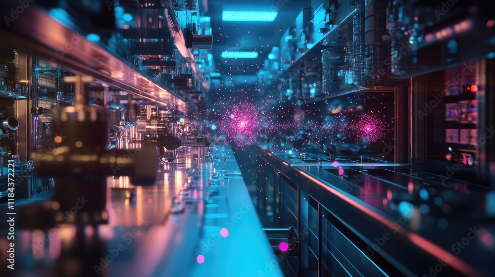 Fototapeta premium Quantum research study on particle behavior, with illuminated particles moving through a dark lab space