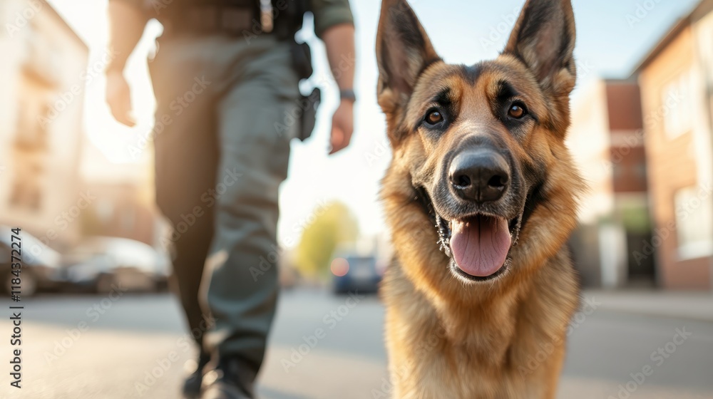 A content police dog joyfully trotting alongside its handler, showcasing the bond between canine companions and law enforcement personnel in a leisurely setting. A content police dog joyfully trotting alongside its handler, showcasing the bond between canine companions and law enforcement personnel in a leisurely setting.