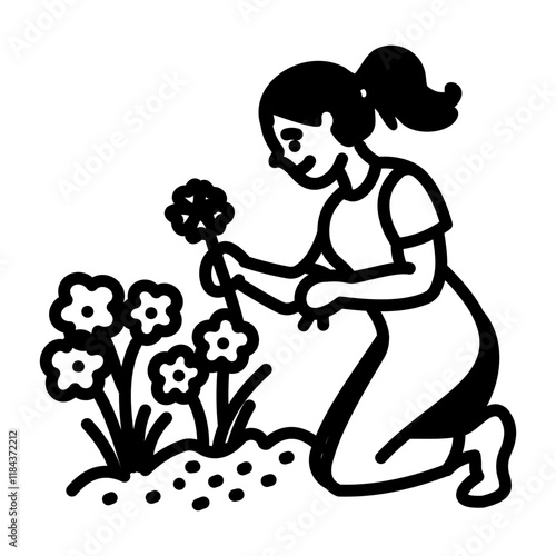 A hand drawn icon of a girl plucking flowers from a garden