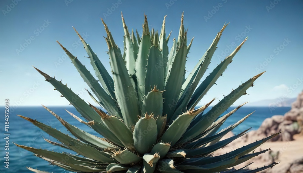 Fototapeta premium Agave cactus with sharp spines against the blue ocean, prickly agave, rugged coastline, rocky outcrops