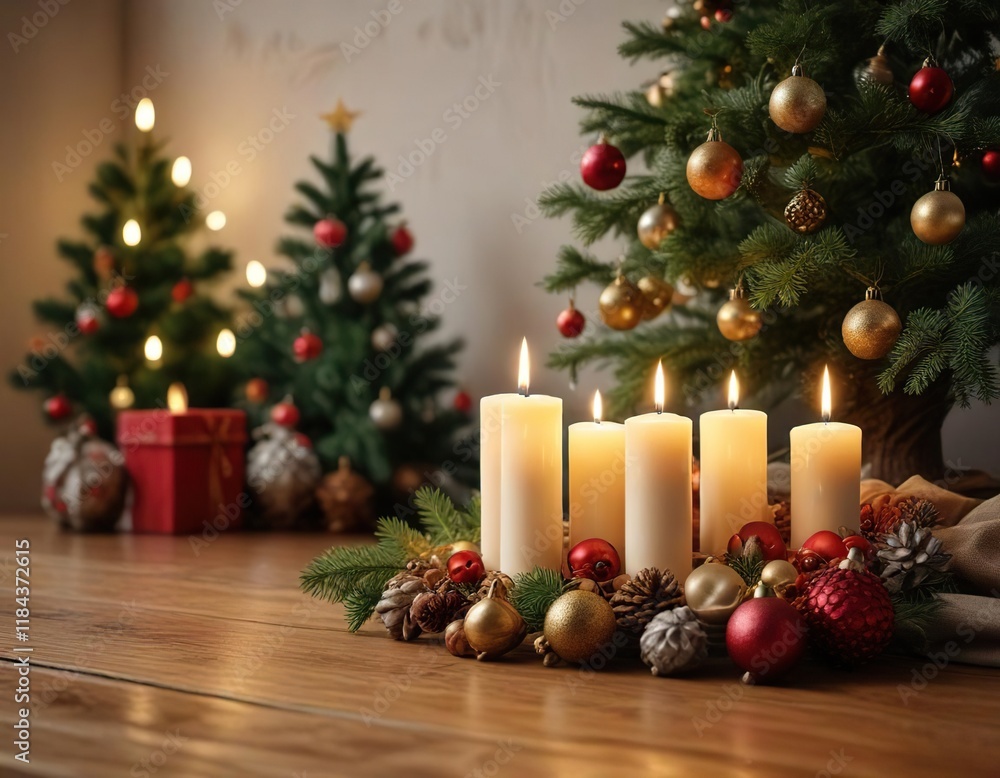 A group of candles and ornaments on a wooden table next to a small Christmas tree, Christmas tree, cozy atmosphere A group of candles and ornaments on a wooden table next to a small Christmas tree, Christmas tree, cozy atmosphere