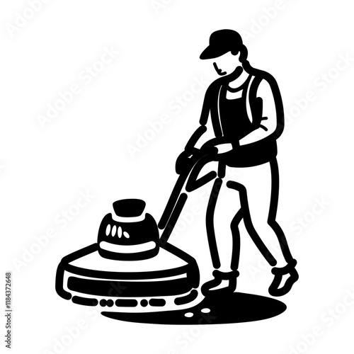 A hand drawn icon of a person cutting grass with lawn mower