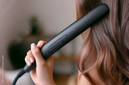 Caucasian female using hair straightener for smoothing long hair at home