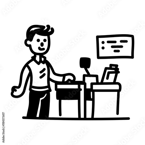 A hand drawn icon of a person standing at billing counter