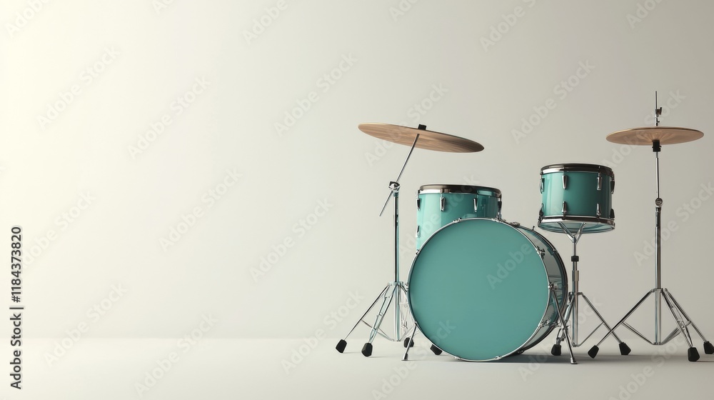 Drums set against a minimalist background highlighting vibrant turquoise color in a modern space Drums set against a minimalist background highlighting vibrant turquoise color in a modern space