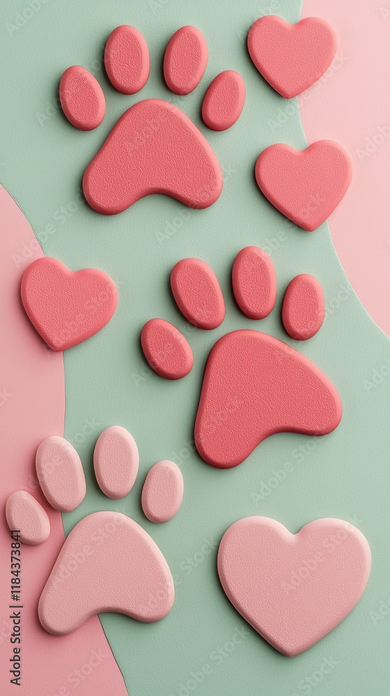 A playful arrangement of pink paw prints and hearts against a pastel background, symbolizing love for pets. A playful arrangement of pink paw prints and hearts against a pastel background, symbolizing love for pets.