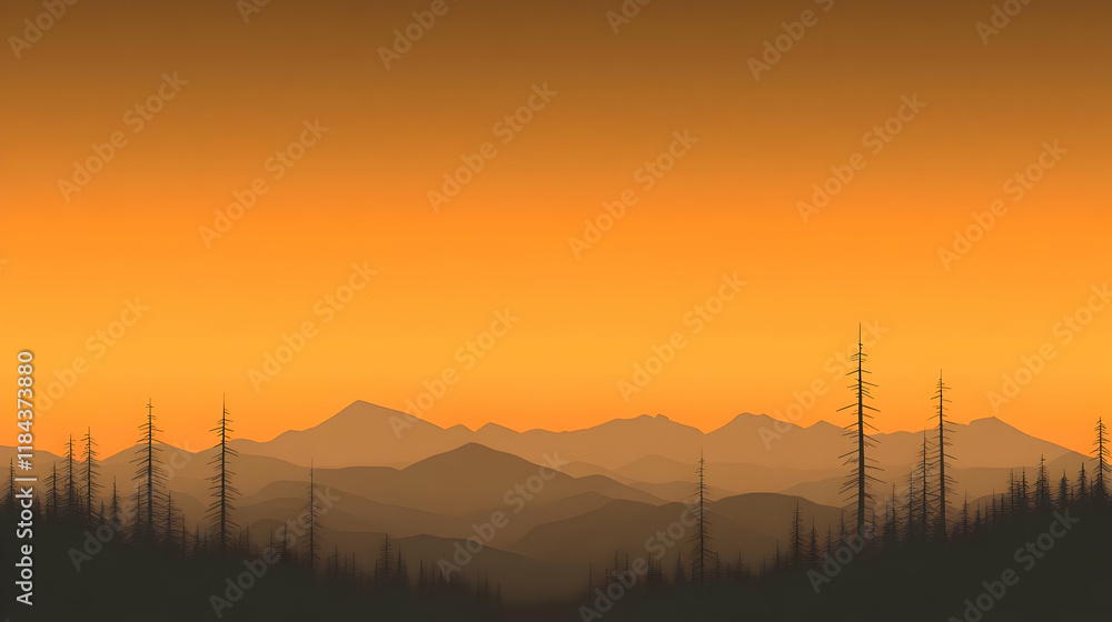 Fototapeta premium Orange Sunset Mountain Illustration