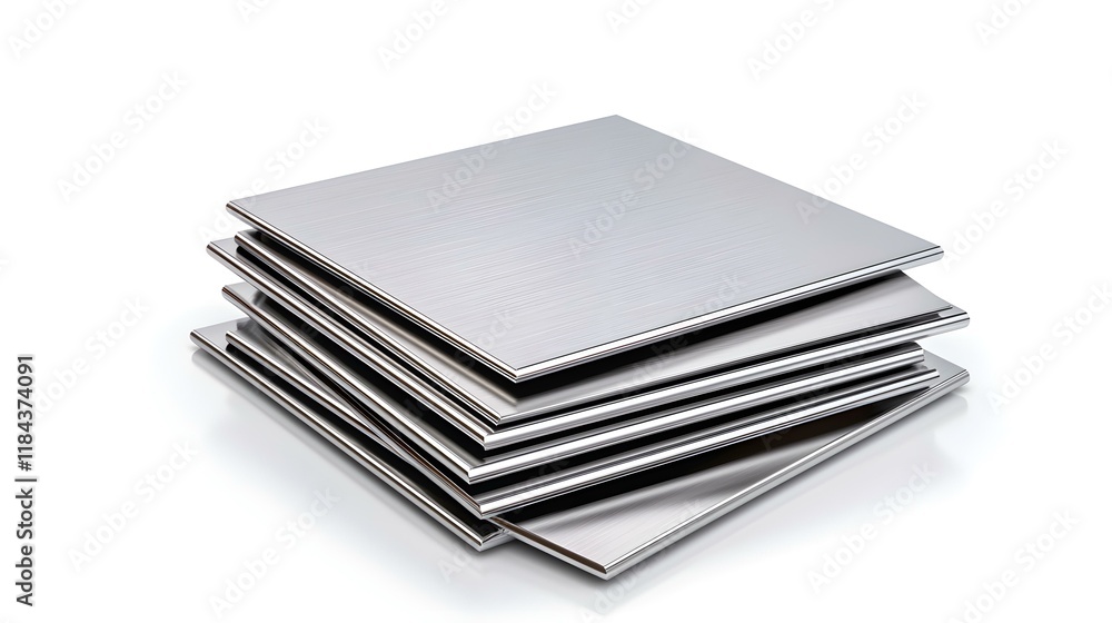 Stacked Metallic Plates with Smooth Finish on White Background Stacked Metallic Plates with Smooth Finish on White Background