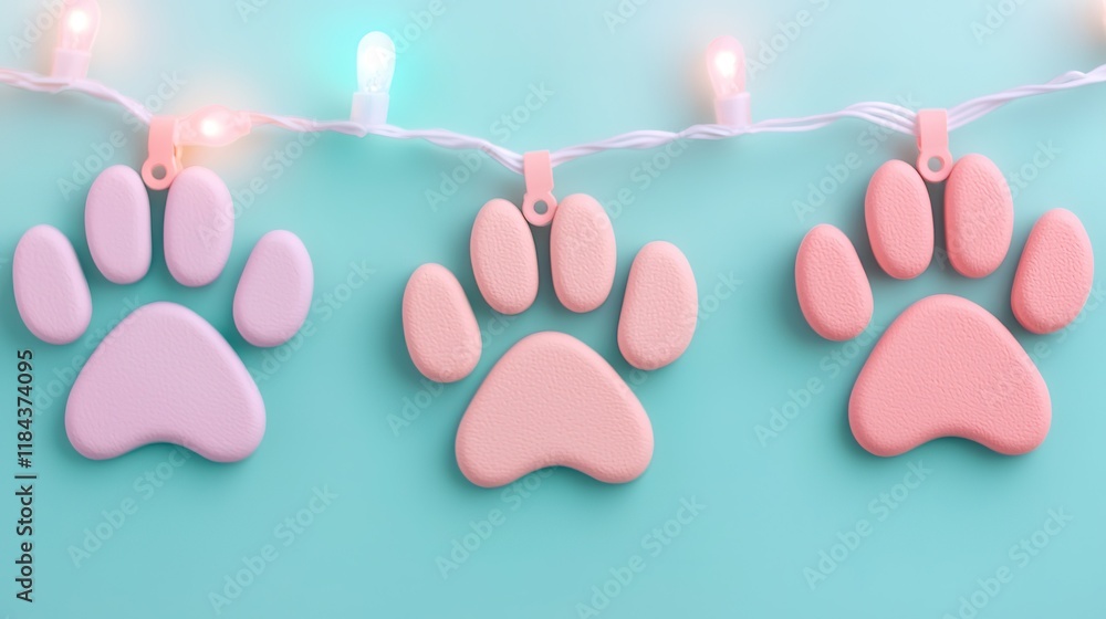 Colorful paw prints in pastel shades hanging on a string of lights against a teal background, creating a playful and cozy atmosphere. Colorful paw prints in pastel shades hanging on a string of lights against a teal background, creating a playful and cozy atmosphere.