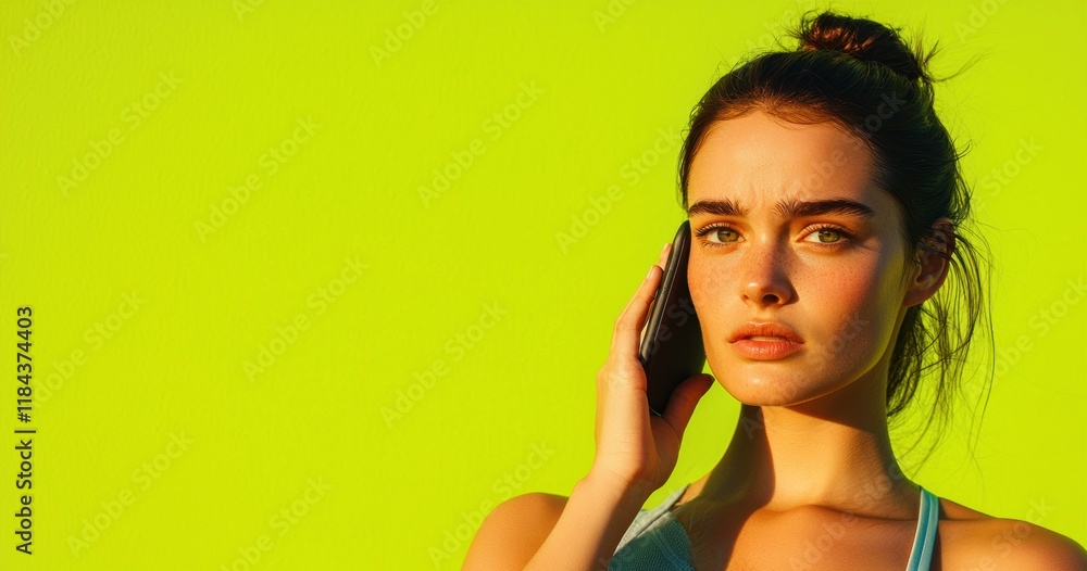 Young woman talking on smartphone against vibrant green background Young woman talking on smartphone against vibrant green background