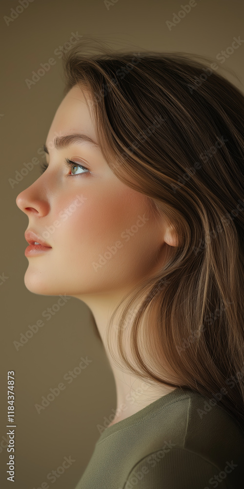 Side profile of a young Caucasian woman with long hair in soft lighting Side profile of a young Caucasian woman with long hair in soft lighting