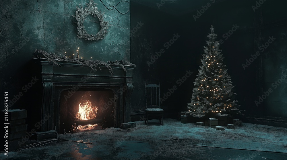 Fototapeta premium christmas fireplace in a living room with a burning tree