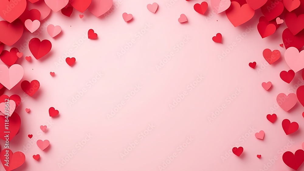 Red hearts background, paper cut romantic concept, top view. Beautiful cute hearts on pastel pink table flat lay composition. Valentines Day greeting card concept. Mothers Day design Red hearts background, paper cut romantic concept, top view. Beautiful cute hearts on pastel pink table flat lay composition. Valentines Day greeting card concept. Mothers Day design