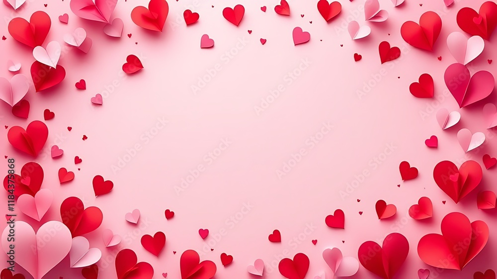 Red hearts background, paper cut romantic concept, top view. Beautiful cute hearts on pastel pink table flat lay composition. Valentines Day greeting card concept. Mothers Day design Red hearts background, paper cut romantic concept, top view. Beautiful cute hearts on pastel pink table flat lay composition. Valentines Day greeting card concept. Mothers Day design