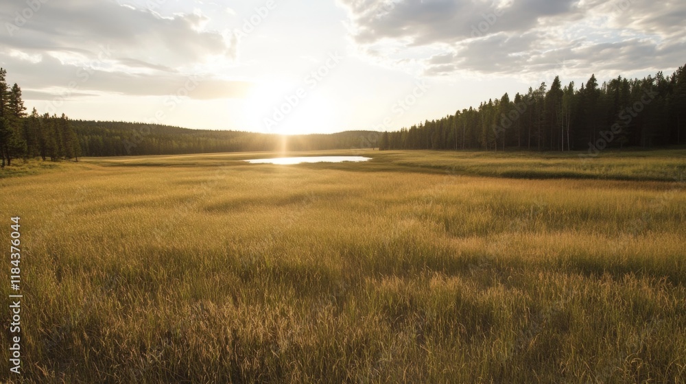 Obraz premium Sunset over a serene golden meadow with a calm lake and distant forest.
