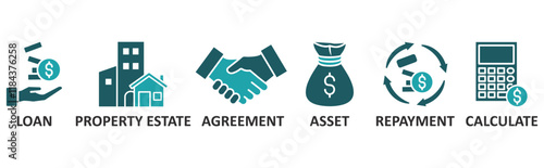 Mortgage icon set illustration concept with icon of loan,prooperty estate, agreement, asset, repayment, calculate