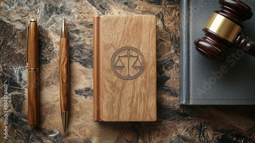 Wooden Notebook and Gavel on Rustic Surface with Justice Symbols