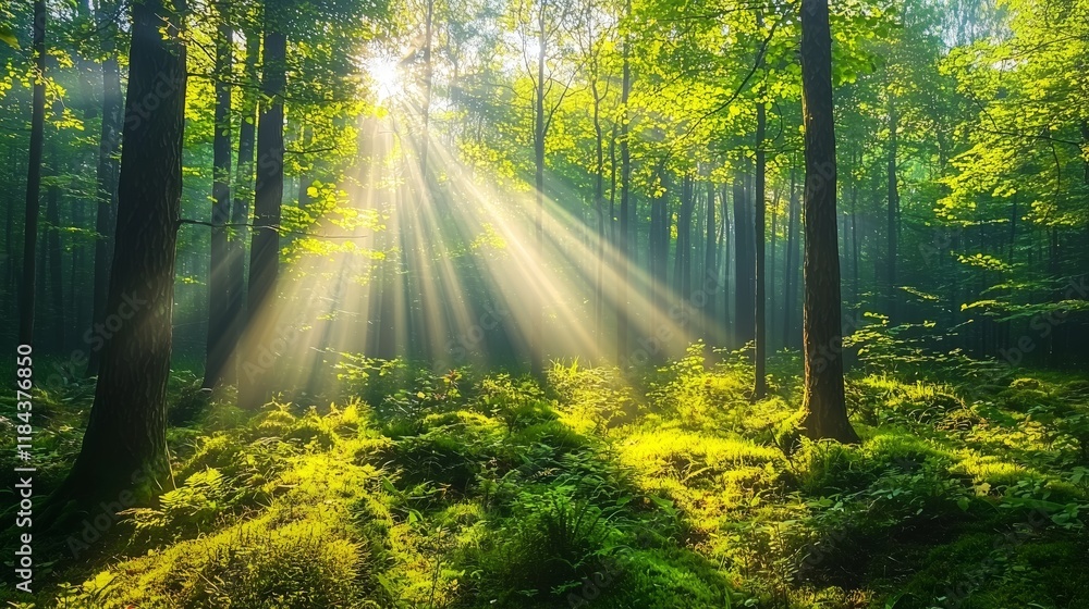 Fototapeta premium Serene Forest with Sunlight Beaming Through Lush Green Trees