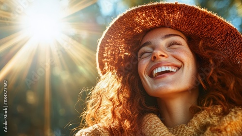 A cheerful woman with curly hair and a large hat beams joyfully in bright sunlight, capturing a moment of happiness and connection with nature and the outdoors. photo