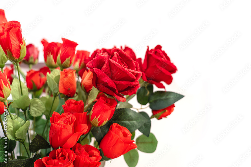 Artificial flowers Red flowering rose bush as frame border isolated on white background included. suitable for graphic projects Card Banner Valentine, Love, Wedding. Artificial flowers Red flowering rose bush as frame border isolated on white background included. suitable for graphic projects Card Banner Valentine, Love, Wedding.