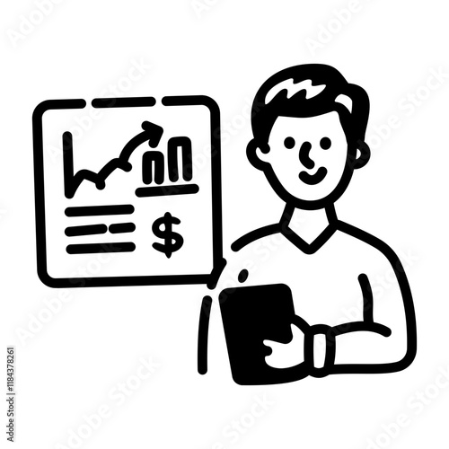 A hand drawn icon of a person presenting a financial report