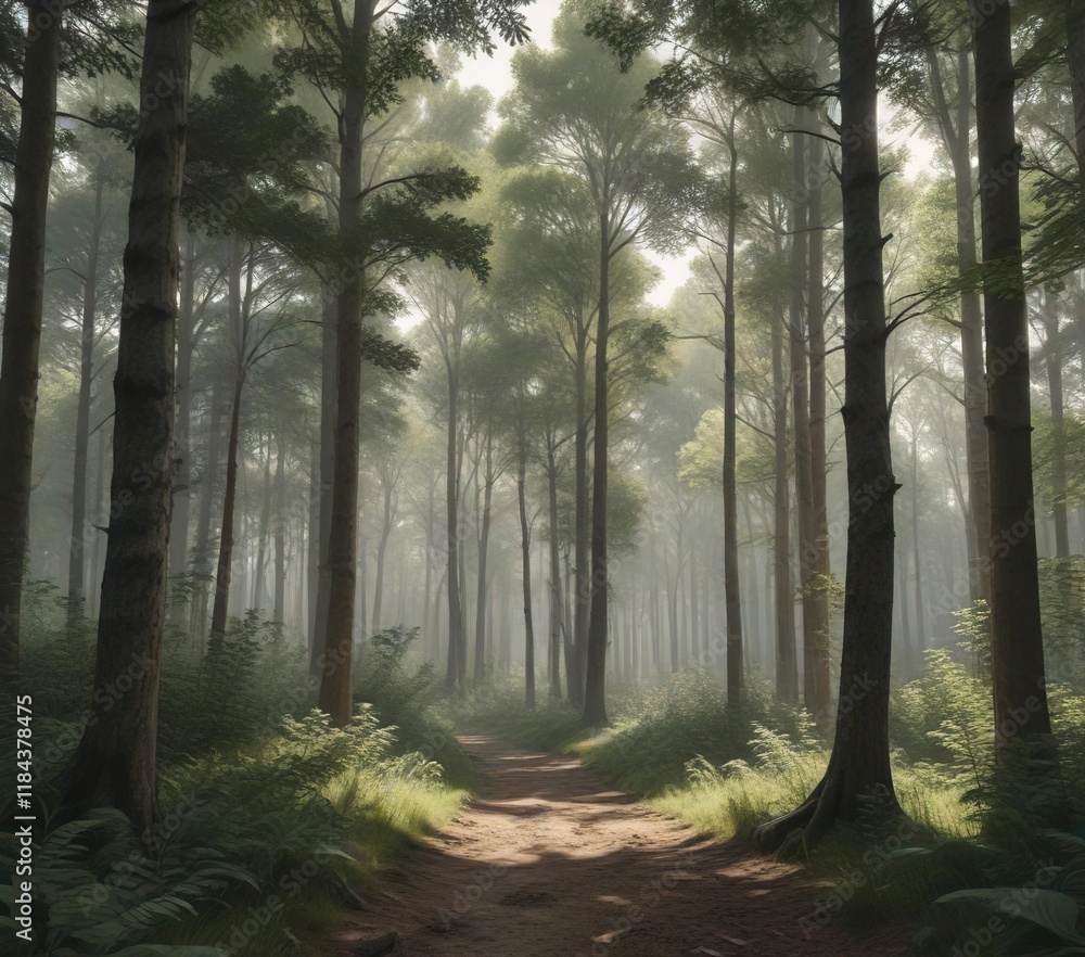 Fototapeta premium Muted pencil drawing of a forest with tall trees and dappled shade, tree, muted
