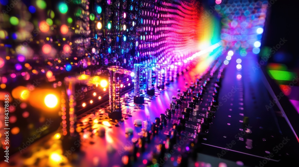 Fototapeta premium Quantum sensor array emitting multicolored lights, surrounded by a dark and futuristic laboratory