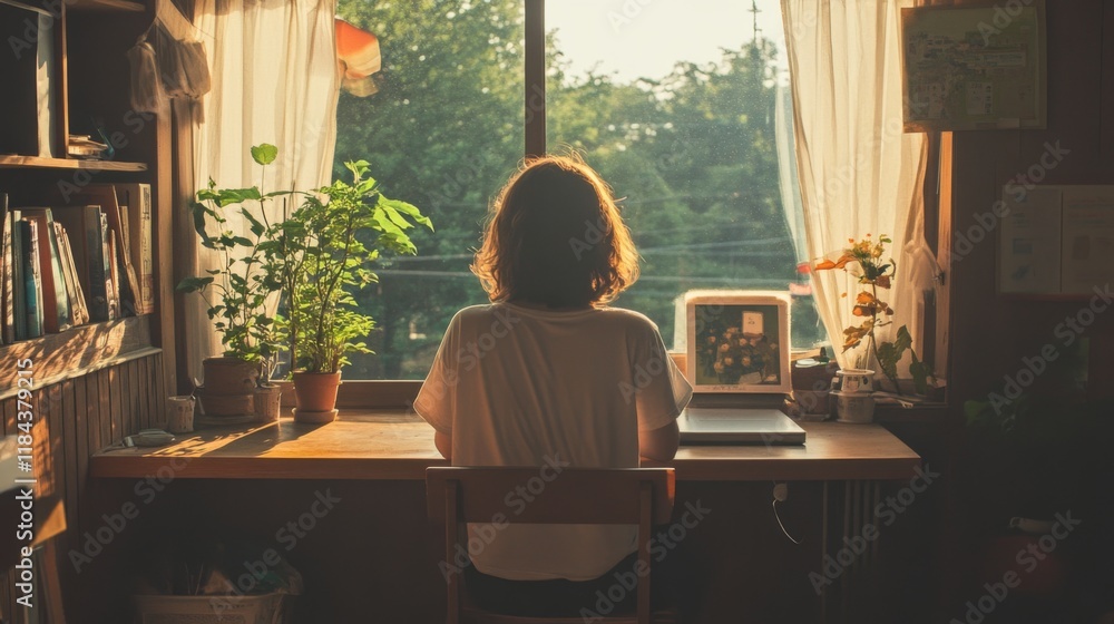 Woman sits at desk near window, working on laptop, sunlight streams in. Woman sits at desk near window, working on laptop, sunlight streams in.