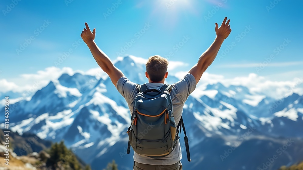 Hiker cheering elated and blissful with arms raised in the sky after hiking. Everest base camp trek Hiker cheering elated and blissful with arms raised in the sky after hiking. Everest base camp trek