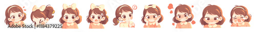 Kawaii Anime Style. Cute Girl emoji set. Emoticons Set of happy anime faces isolated on white background. Japanese style.