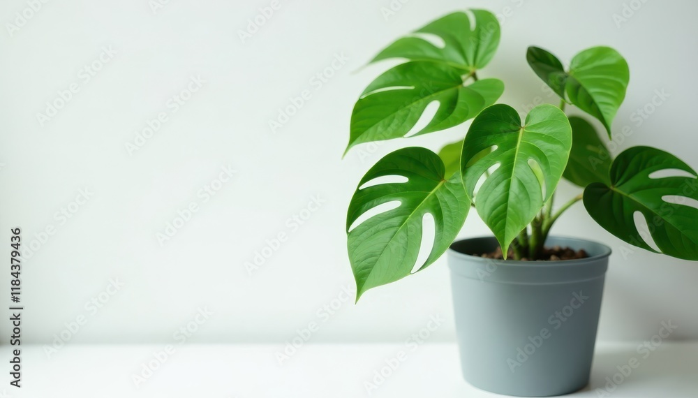 Close-up of Monstera deliciosa leaves and stems in gray pot on white surface, gray pot, house plant, indoor decor Close-up of Monstera deliciosa leaves and stems in gray pot on white surface, gray pot, house plant, indoor decor