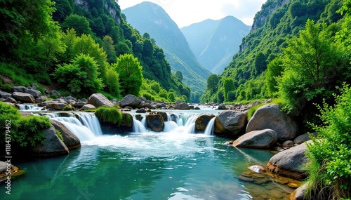 Mountain river with small waterfalls and lush greenery, landscape, plants